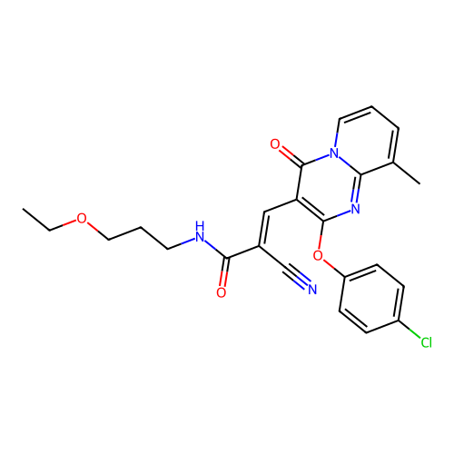(2E)-3-[2-(4-chlorophenoxy)-9-methyl-4-oxo-4H-pyrido[1,2-a]pyrimidin-3-yl]-2-cyano-N-(3-ethoxypropyl)prop-2-enamide structure