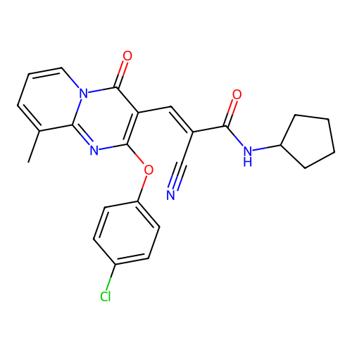 (2E)-3-[2-(4-chlorophenoxy)-9-methyl-4-oxo-4H-pyrido[1,2-a]pyrimidin-3-yl]-2-cyano-N-cyclopentylprop-2-enamide structure