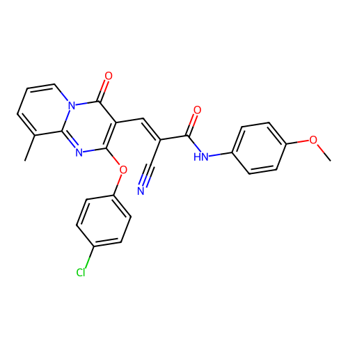 (2E)-3-[2-(4-chlorophenoxy)-9-methyl-4-oxo-4H-pyrido[1,2-a]pyrimidin-3-yl]-2-cyano-N-(4-methoxyphenyl)prop-2-enamide structure