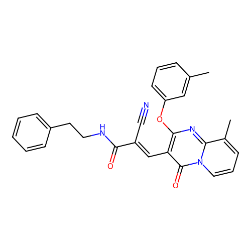 (2E)-2-cyano-3-[9-methyl-2-(3-methylphenoxy)-4-oxo-4H-pyrido[1,2-a]pyrimidin-3-yl]-N-(2-phenylethyl)prop-2-enamide structure