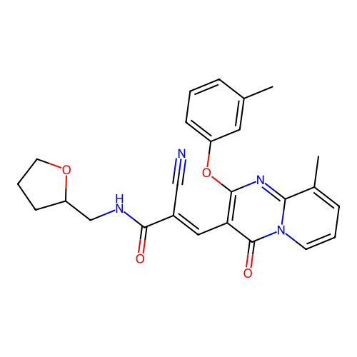 (2E)-2-cyano-3-[9-methyl-2-(3-methylphenoxy)-4-oxo-4H-pyrido[1,2-a]pyrimidin-3-yl]-N-(tetrahydrofuran-2-ylmethyl)prop-2-enamide structure