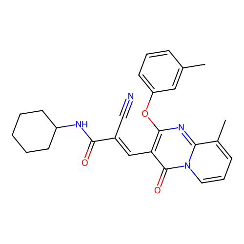 (2E)-2-cyano-N-cyclohexyl-3-[9-methyl-2-(3-methylphenoxy)-4-oxo-4H-pyrido[1,2-a]pyrimidin-3-yl]prop-2-enamide structure
