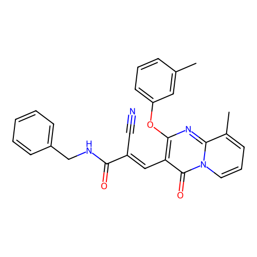 (2E)-N-benzyl-2-cyano-3-[9-methyl-2-(3-methylphenoxy)-4-oxo-4H-pyrido[1,2-a]pyrimidin-3-yl]prop-2-enamide structure