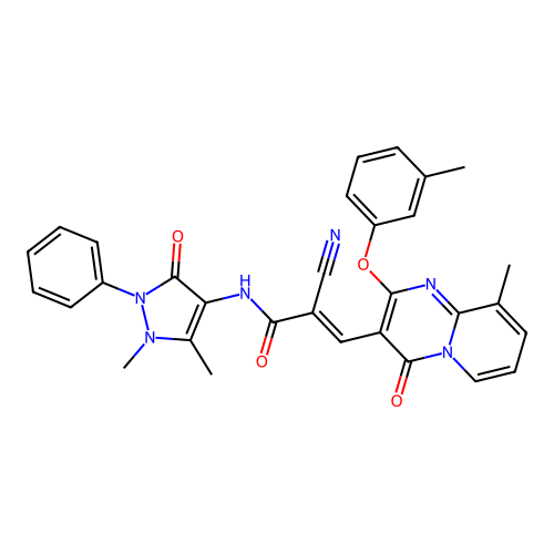 (2E)-2-cyano-N-(1,5-dimethyl-3-oxo-2-phenyl-2,3-dihydro-1H-pyrazol-4-yl)-3-[9-methyl-2-(3-methylphenoxy)-4-oxo-4H-pyrido[1,2-a]pyrimidin-3-yl]prop-2-enamide structure
