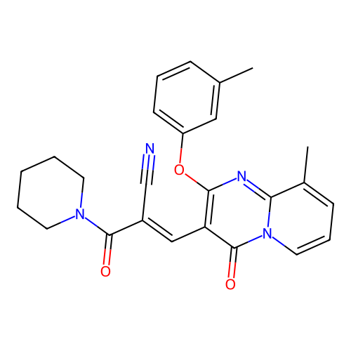 (2E)-3-[9-methyl-2-(3-methylphenoxy)-4-oxo-4H-pyrido[1,2-a]pyrimidin-3-yl]-2-(piperidin-1-ylcarbonyl)prop-2-enenitrile structure