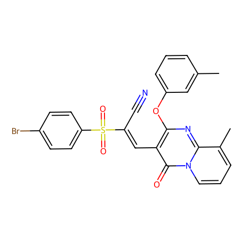 (2E)-2-[(4-bromophenyl)sulfonyl]-3-[9-methyl-2-(3-methylphenoxy)-4-oxo-4H-pyrido[1,2-a]pyrimidin-3-yl]prop-2-enenitrile structure