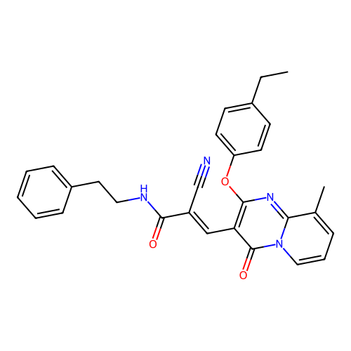 (2E)-2-cyano-3-[2-(4-ethylphenoxy)-9-methyl-4-oxo-4H-pyrido[1,2-a]pyrimidin-3-yl]-N-(2-phenylethyl)prop-2-enamide structure