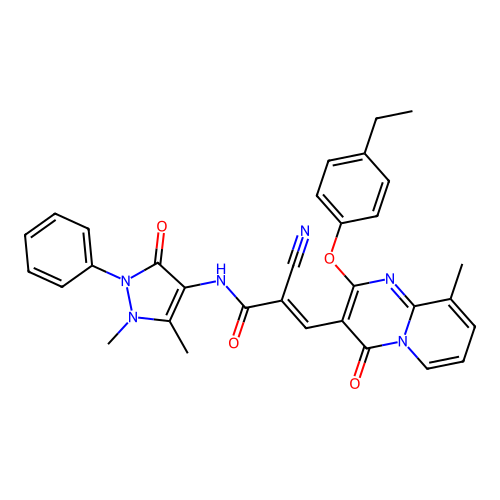 (2E)-2-cyano-N-(1,5-dimethyl-3-oxo-2-phenyl-2,3-dihydro-1H-pyrazol-4-yl)-3-[2-(4-ethylphenoxy)-9-methyl-4-oxo-4H-pyrido[1,2-a]pyrimidin-3-yl]prop-2-enamide structure