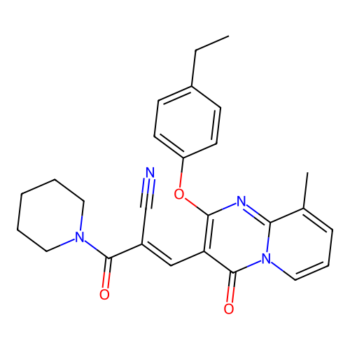 (2E)-3-[2-(4-ethylphenoxy)-9-methyl-4-oxo-4H-pyrido[1,2-a]pyrimidin-3-yl]-2-(piperidin-1-ylcarbonyl)prop-2-enenitrile structure