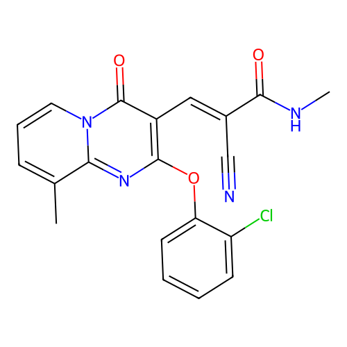 (2E)-3-[2-(2-chlorophenoxy)-9-methyl-4-oxo-4H-pyrido[1,2-a]pyrimidin-3-yl]-2-cyano-N-methylprop-2-enamide structure