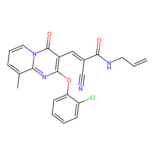 (2E)-3-[2-(2-chlorophenoxy)-9-methyl-4-oxo-4H-pyrido[1,2-a]pyrimidin-3-yl]-2-cyano-N-(prop-2-en-1-yl)prop-2-enamide structure