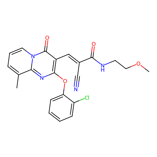 (2E)-3-[2-(2-chlorophenoxy)-9-methyl-4-oxo-4H-pyrido[1,2-a]pyrimidin-3-yl]-2-cyano-N-(2-methoxyethyl)prop-2-enamide structure
