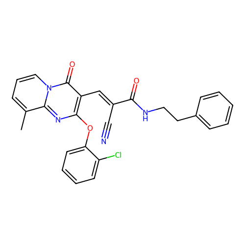 (2E)-3-[2-(2-chlorophenoxy)-9-methyl-4-oxo-4H-pyrido[1,2-a]pyrimidin-3-yl]-2-cyano-N-(2-phenylethyl)prop-2-enamide structure