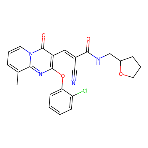 (2E)-3-[2-(2-chlorophenoxy)-9-methyl-4-oxo-4H-pyrido[1,2-a]pyrimidin-3-yl]-2-cyano-N-(tetrahydrofuran-2-ylmethyl)prop-2-enamide structure