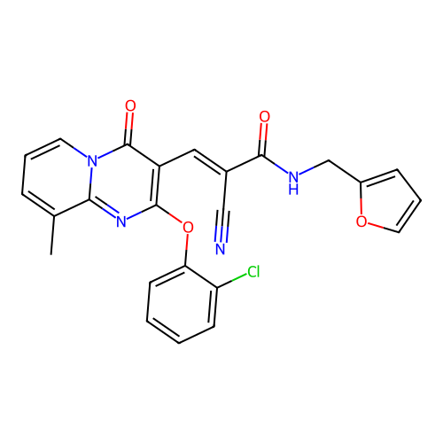 (2E)-3-[2-(2-chlorophenoxy)-9-methyl-4-oxo-4H-pyrido[1,2-a]pyrimidin-3-yl]-2-cyano-N-(furan-2-ylmethyl)prop-2-enamide structure