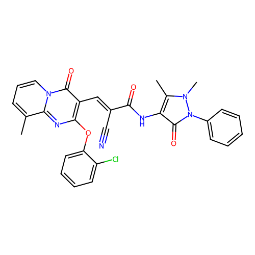 (E)-3-(2-(2-chlorophenoxy)-9-methyl-4-oxo-4H-pyrido[1,2-a]pyrimidin-3-yl)-2-cyano-N-(1,5-dimethyl-3-oxo-2-phenyl-2,3-dihydro-1H-pyrazol-4-yl)acrylamide structure