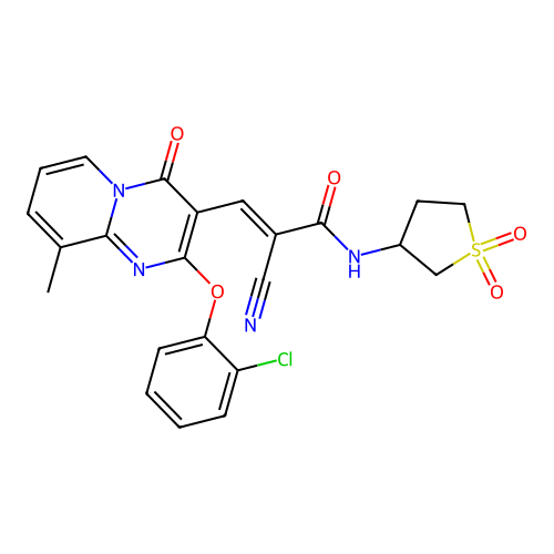 (2E)-3-[2-(2-chlorophenoxy)-9-methyl-4-oxo-4H-pyrido[1,2-a]pyrimidin-3-yl]-2-cyano-N-(1,1-dioxidotetrahydrothiophen-3-yl)prop-2-enamide structure