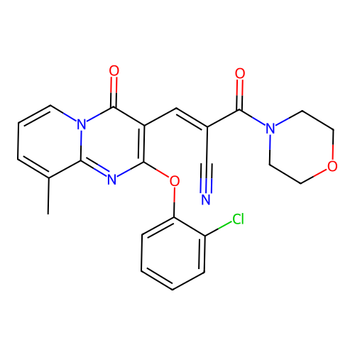 (2E)-3-[2-(2-chlorophenoxy)-9-methyl-4-oxo-4H-pyrido[1,2-a]pyrimidin-3-yl]-2-(morpholin-4-ylcarbonyl)prop-2-enenitrile structure