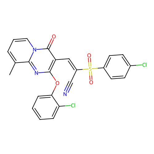 (2E)-3-[2-(2-chlorophenoxy)-9-methyl-4-oxo-4H-pyrido[1,2-a]pyrimidin-3-yl]-2-[(4-chlorophenyl)sulfonyl]prop-2-enenitrile structure