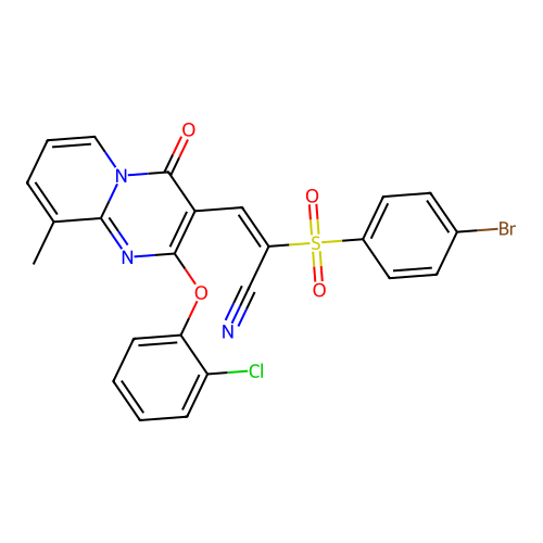 (E)-2-((4-bromophenyl)sulfonyl)-3-(2-(2-chlorophenoxy)-9-methyl-4-oxo-4H-pyrido[1,2-a]pyrimidin-3-yl)acrylonitrile structure