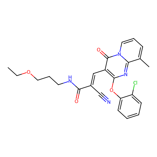 (2E)-3-[2-(2-chlorophenoxy)-9-methyl-4-oxo-4H-pyrido[1,2-a]pyrimidin-3-yl]-2-cyano-N-(3-ethoxypropyl)prop-2-enamide structure