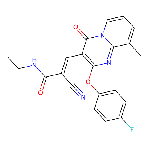 (2E)-2-cyano-N-ethyl-3-[2-(4-fluorophenoxy)-9-methyl-4-oxo-4H-pyrido[1,2-a]pyrimidin-3-yl]prop-2-enamide structure
