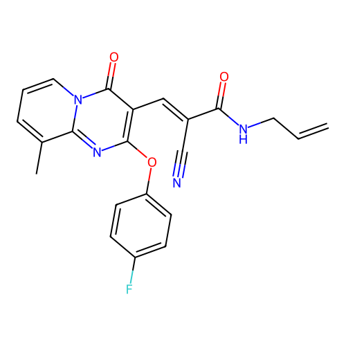 (2E)-2-cyano-3-[2-(4-fluorophenoxy)-9-methyl-4-oxo-4H-pyrido[1,2-a]pyrimidin-3-yl]-N-(prop-2-en-1-yl)prop-2-enamide structure