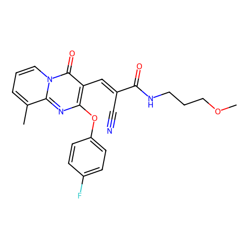 (2E)-2-cyano-3-[2-(4-fluorophenoxy)-9-methyl-4-oxo-4H-pyrido[1,2-a]pyrimidin-3-yl]-N-(3-methoxypropyl)prop-2-enamide structure