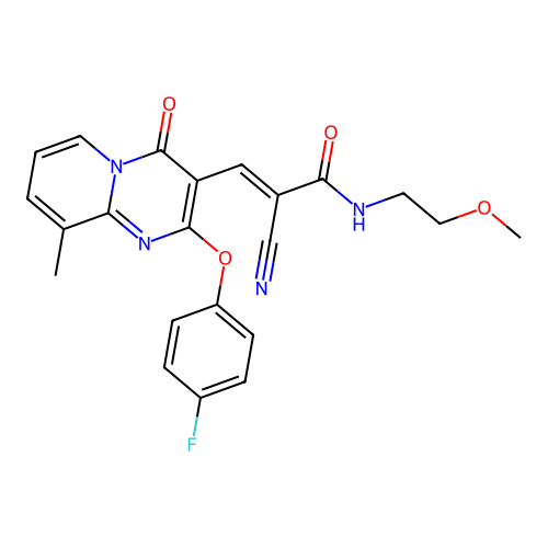 (2E)-2-cyano-3-[2-(4-fluorophenoxy)-9-methyl-4-oxo-4H-pyrido[1,2-a]pyrimidin-3-yl]-N-(2-methoxyethyl)prop-2-enamide structure