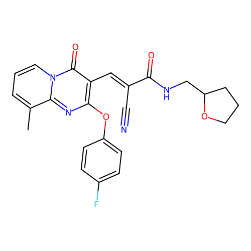 (2E)-2-cyano-3-[2-(4-fluorophenoxy)-9-methyl-4-oxo-4H-pyrido[1,2-a]pyrimidin-3-yl]-N-(tetrahydrofuran-2-ylmethyl)prop-2-enamide structure