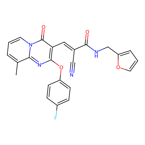 (2E)-2-cyano-3-[2-(4-fluorophenoxy)-9-methyl-4-oxo(5-hydropyridino[1,2-a]pyrim idin-3-yl)]-N-(2-furylmethyl)prop-2-enamide structure