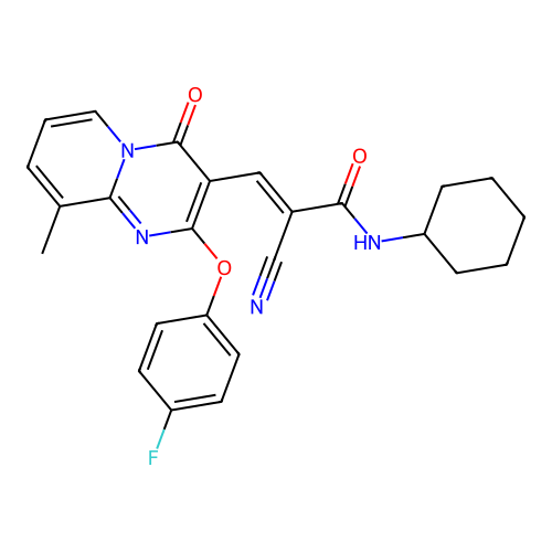 (2E)-2-cyano-N-cyclohexyl-3-[2-(4-fluorophenoxy)-9-methyl-4-oxo-4H-pyrido[1,2-a]pyrimidin-3-yl]prop-2-enamide structure
