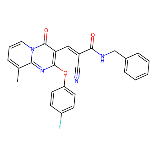 (2E)-N-benzyl-2-cyano-3-[2-(4-fluorophenoxy)-9-methyl-4-oxo-4H-pyrido[1,2-a]pyrimidin-3-yl]prop-2-enamide structure