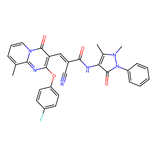 (E)-2-cyano-N-(1,5-dimethyl-3-oxo-2-phenyl-2,3-dihydro-1H-pyrazol-4-yl)-3-(2-(4-fluorophenoxy)-9-methyl-4-oxo-4H-pyrido[1,2-a]pyrimidin-3-yl)acrylamide structure