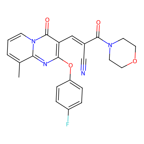 (2E)-3-[2-(4-fluorophenoxy)-9-methyl-4-oxo-4H-pyrido[1,2-a]pyrimidin-3-yl]-2-(morpholin-4-ylcarbonyl)prop-2-enenitrile structure