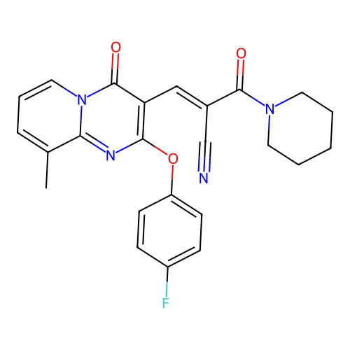 (2E)-3-[2-(4-fluorophenoxy)-9-methyl-4-oxo(5-hydropyridino[1,2-a]pyrimidin-3-y l)]-2-(piperidylcarbonyl)prop-2-enenitrile structure