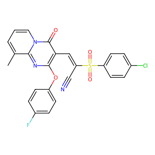 (2E)-2-(4-CHLOROBENZENESULFONYL)-3-[2-(4-FLUOROPHENOXY)-9-METHYL-4-OXO-4H-PYRIDO[1,2-A]PYRIMIDIN-3-YL]PROP-2-ENENITRILE structure