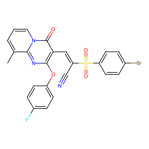 (2E)-2-[(4-bromophenyl)sulfonyl]-3-[2-(4-fluorophenoxy)-9-methyl-4-oxo-4H-pyrido[1,2-a]pyrimidin-3-yl]prop-2-enenitrile structure