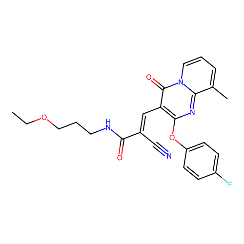 (2E)-2-cyano-N-(3-ethoxypropyl)-3-[2-(4-fluorophenoxy)-9-methyl-4-oxo-4H-pyrido[1,2-a]pyrimidin-3-yl]prop-2-enamide structure