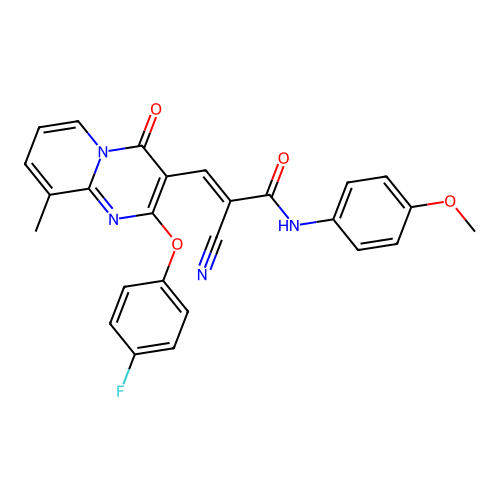 (2E)-2-cyano-3-[2-(4-fluorophenoxy)-9-methyl-4-oxo-4H-pyrido[1,2-a]pyrimidin-3-yl]-N-(4-methoxyphenyl)prop-2-enamide structure