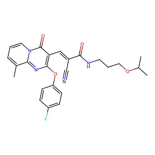 (2E)-2-cyano-3-[2-(4-fluorophenoxy)-9-methyl-4-oxo-4H-pyrido[1,2-a]pyrimidin-3-yl]-N-[3-(propan-2-yloxy)propyl]prop-2-enamide structure