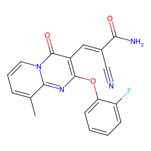 (2E)-2-cyano-3-[2-(2-fluorophenoxy)-9-methyl-4-oxo-4H-pyrido[1,2-a]pyrimidin-3-yl]prop-2-enamide structure