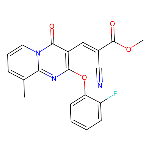 methyl (2E)-2-cyano-3-[2-(2-fluorophenoxy)-9-methyl-4-oxo-4H-pyrido[1,2-a]pyrimidin-3-yl]prop-2-enoate structure