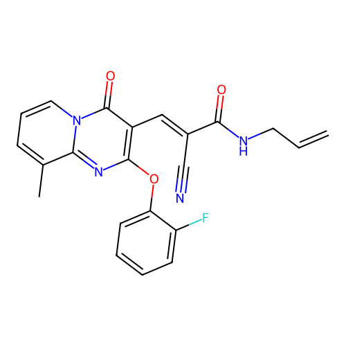 (2E)-2-cyano-3-[2-(2-fluorophenoxy)-9-methyl-4-oxo-4H-pyrido[1,2-a]pyrimidin-3-yl]-N-(prop-2-en-1-yl)prop-2-enamide structure