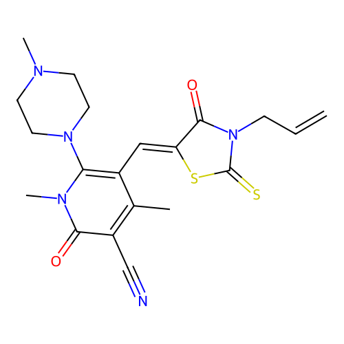 (Z)-5-((3-allyl-4-oxo-2-thioxothiazolidin-5-ylidene)methyl)-1,4-dimethyl-6-(4-methylpiperazin-1-yl)-2-oxo-1,2-dihydropyridine-3-carbonitrile structure