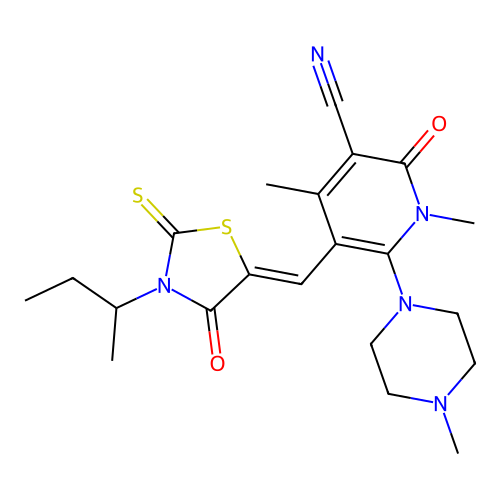 (Z)-5-((3-(sec-butyl)-4-oxo-2-thioxothiazolidin-5-ylidene)methyl)-1,4-dimethyl-6-(4-methylpiperazin-1-yl)-2-oxo-1,2-dihydropyridine-3-carbonitrile structure
