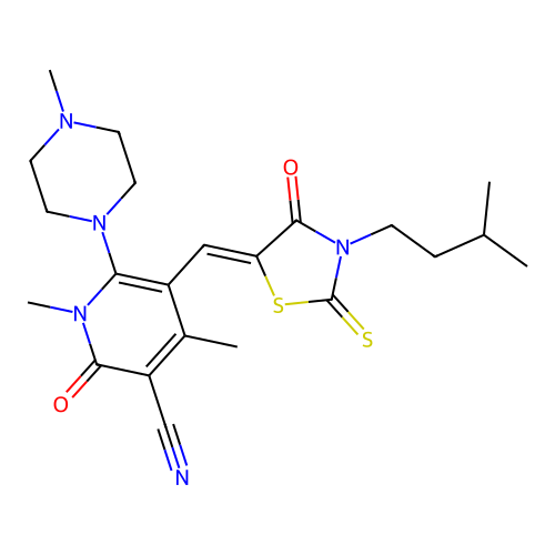 (Z)-5-((3-isopentyl-4-oxo-2-thioxothiazolidin-5-ylidene)methyl)-1,4-dimethyl-6-(4-methylpiperazin-1-yl)-2-oxo-1,2-dihydropyridine-3-carbonitrile structure
