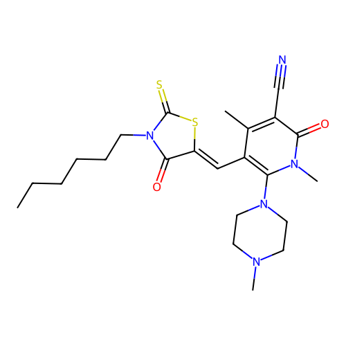 (Z)-5-((3-hexyl-4-oxo-2-thioxothiazolidin-5-ylidene)methyl)-1,4-dimethyl-6-(4-methylpiperazin-1-yl)-2-oxo-1,2-dihydropyridine-3-carbonitrile structure