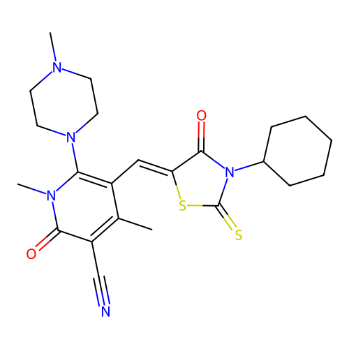 (Z)-5-((3-cyclohexyl-4-oxo-2-thioxothiazolidin-5-ylidene)methyl)-1,4-dimethyl-6-(4-methylpiperazin-1-yl)-2-oxo-1,2-dihydropyridine-3-carbonitrile structure