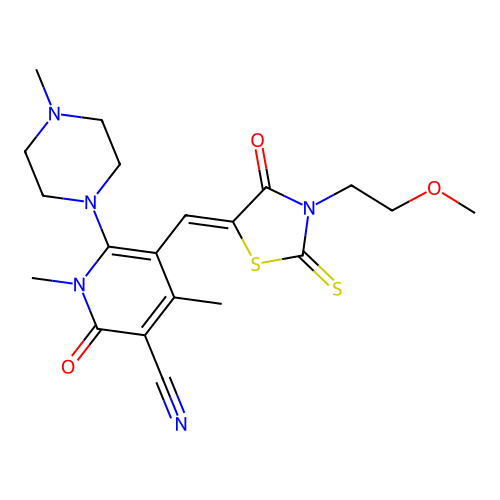 (Z)-5-((3-(2-methoxyethyl)-4-oxo-2-thioxothiazolidin-5-ylidene)methyl)-1,4-dimethyl-6-(4-methylpiperazin-1-yl)-2-oxo-1,2-dihydropyridine-3-carbonitrile structure